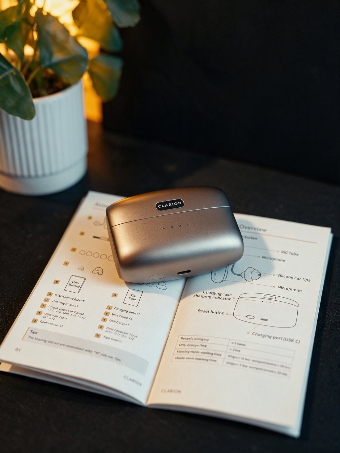 The charging case resting on the open printed manual.