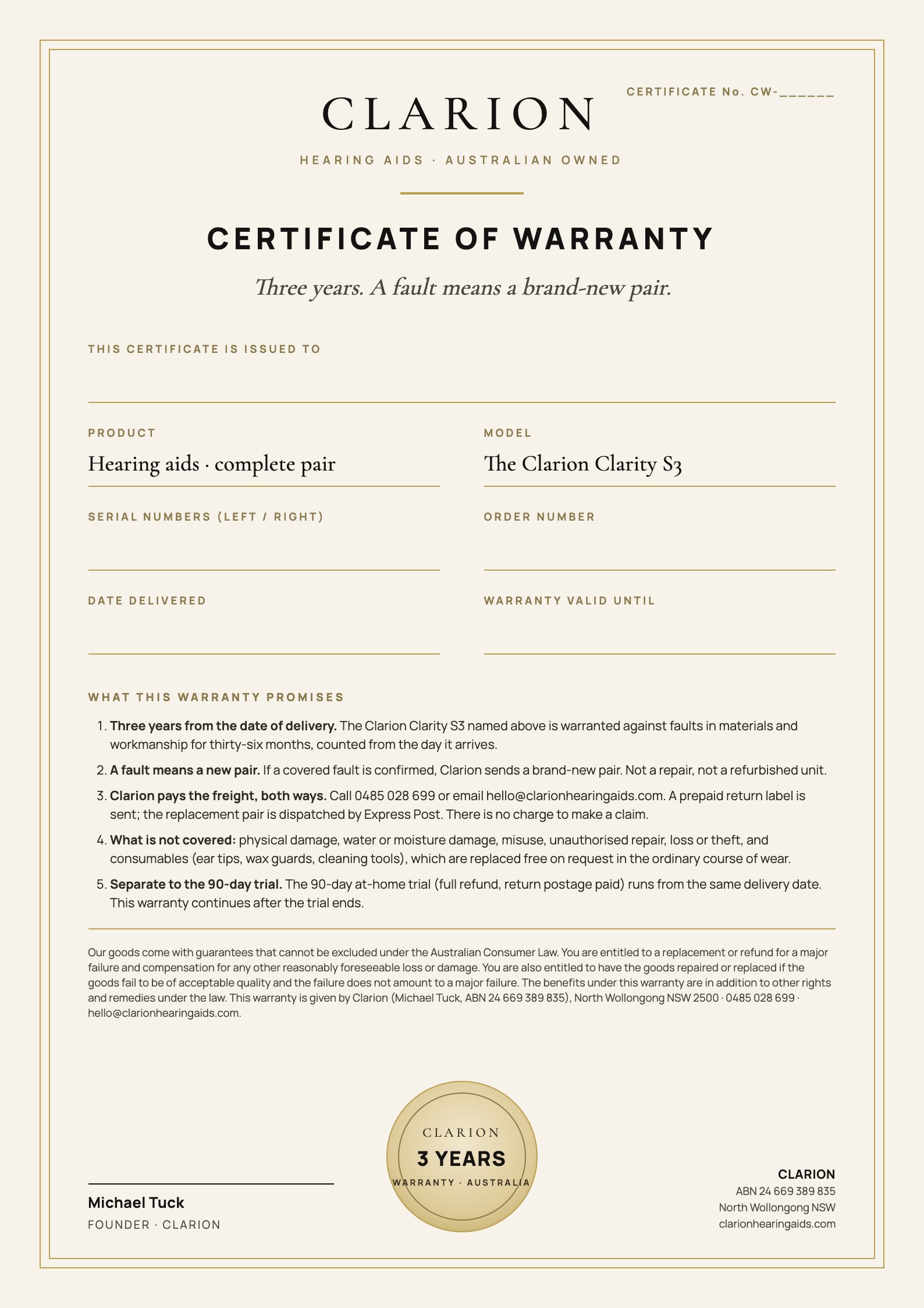 Clarion Certificate of Warranty, full size